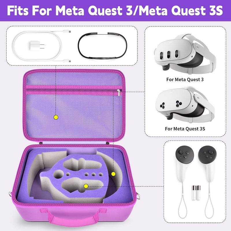 Comecase Hard Carrying Case for Meta Quest 3s/ Quest 3/ for Oculus Quest 2 Official Original/Elite Strap VR Headset and Controller Accessories, Portable Travel Storage Bag for Home, Outdoor - Purple - Image 2